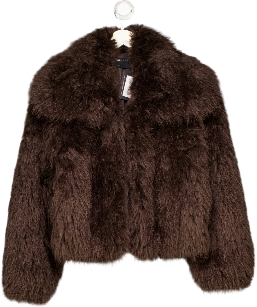 ASOS Brown shaggy faux fur cropped brown jacket, size UK 4 — front