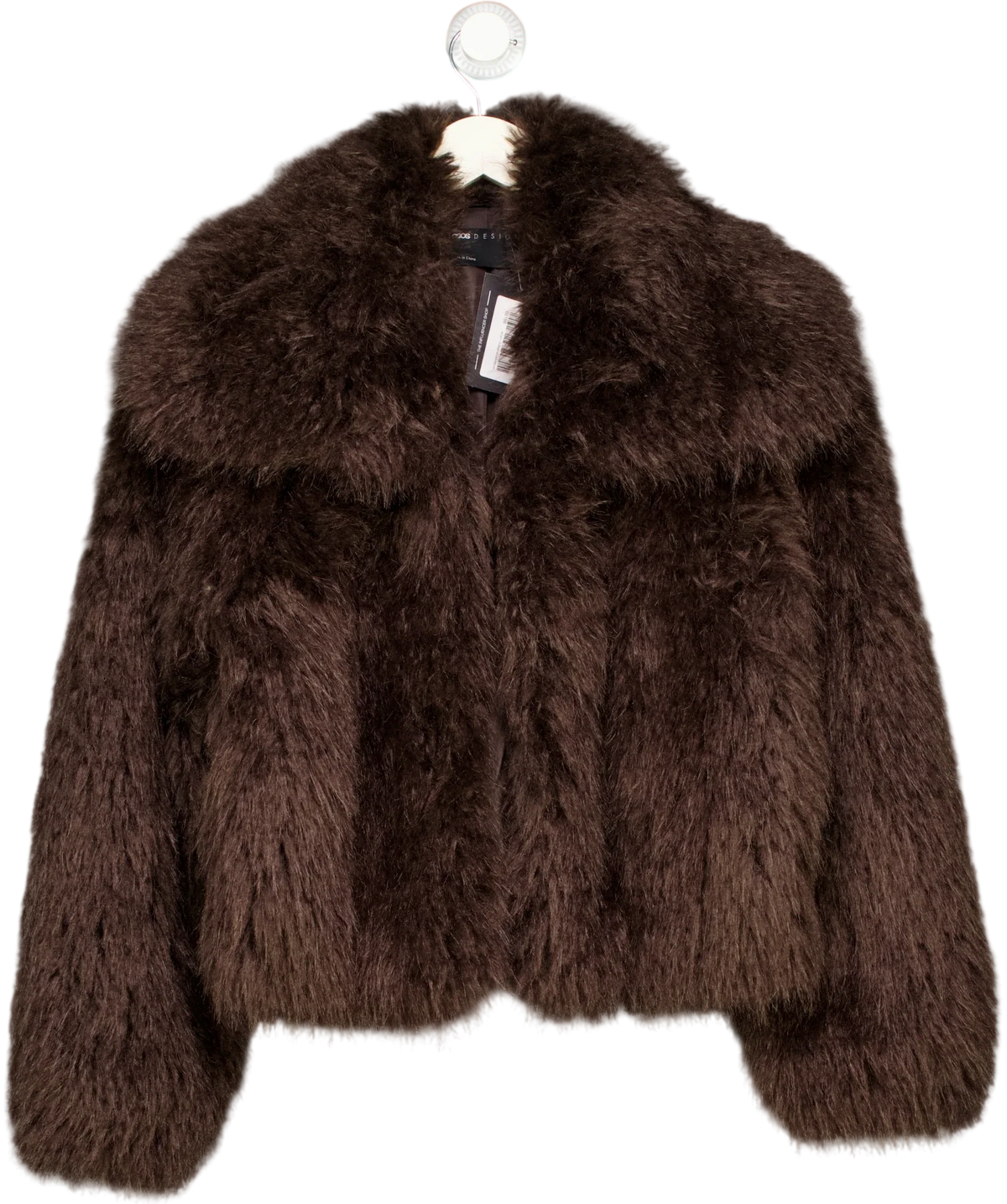 ASOS Brown shaggy faux fur cropped brown jacket, size UK 4 — front