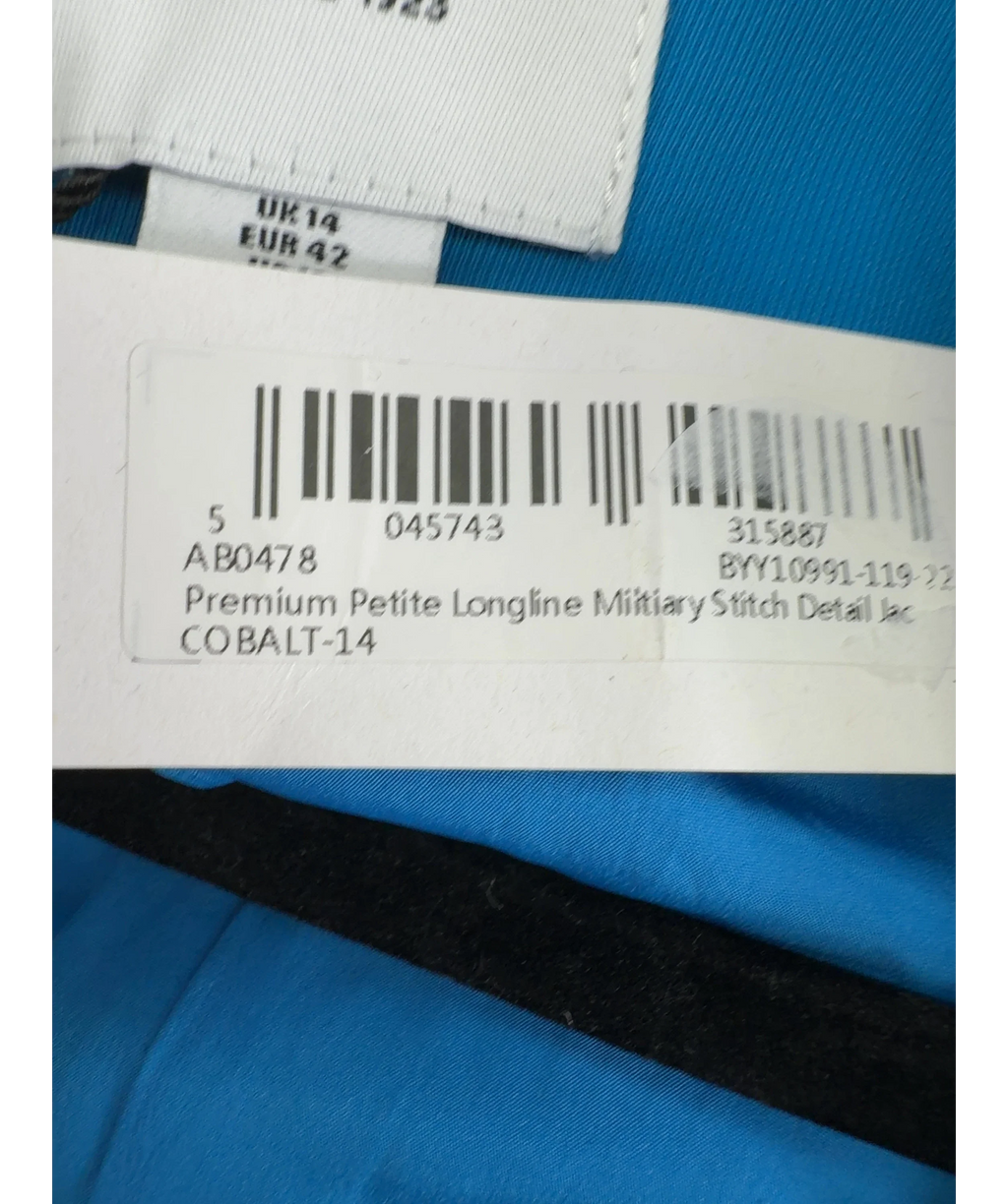 Wallis Blue Premium Petite Longline Military Stitch Detail Jacket, size UK 14 — label