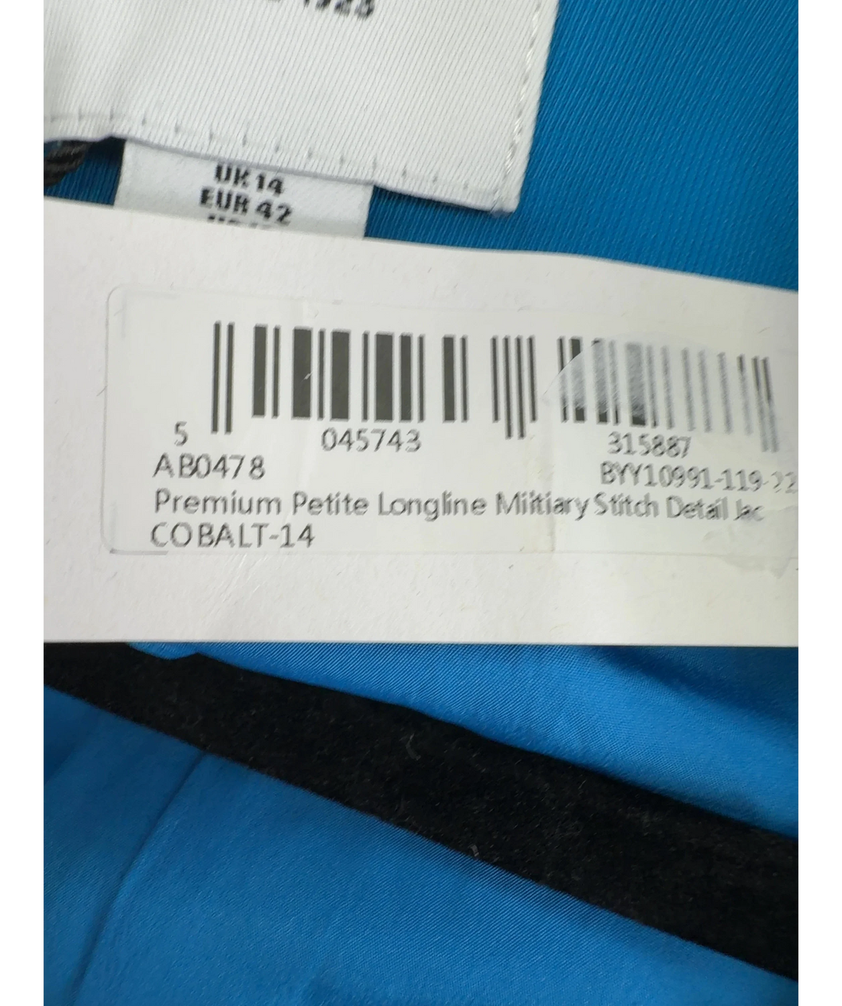 Wallis Blue Premium Petite Longline Military Stitch Detail Jacket, size UK 14 — label