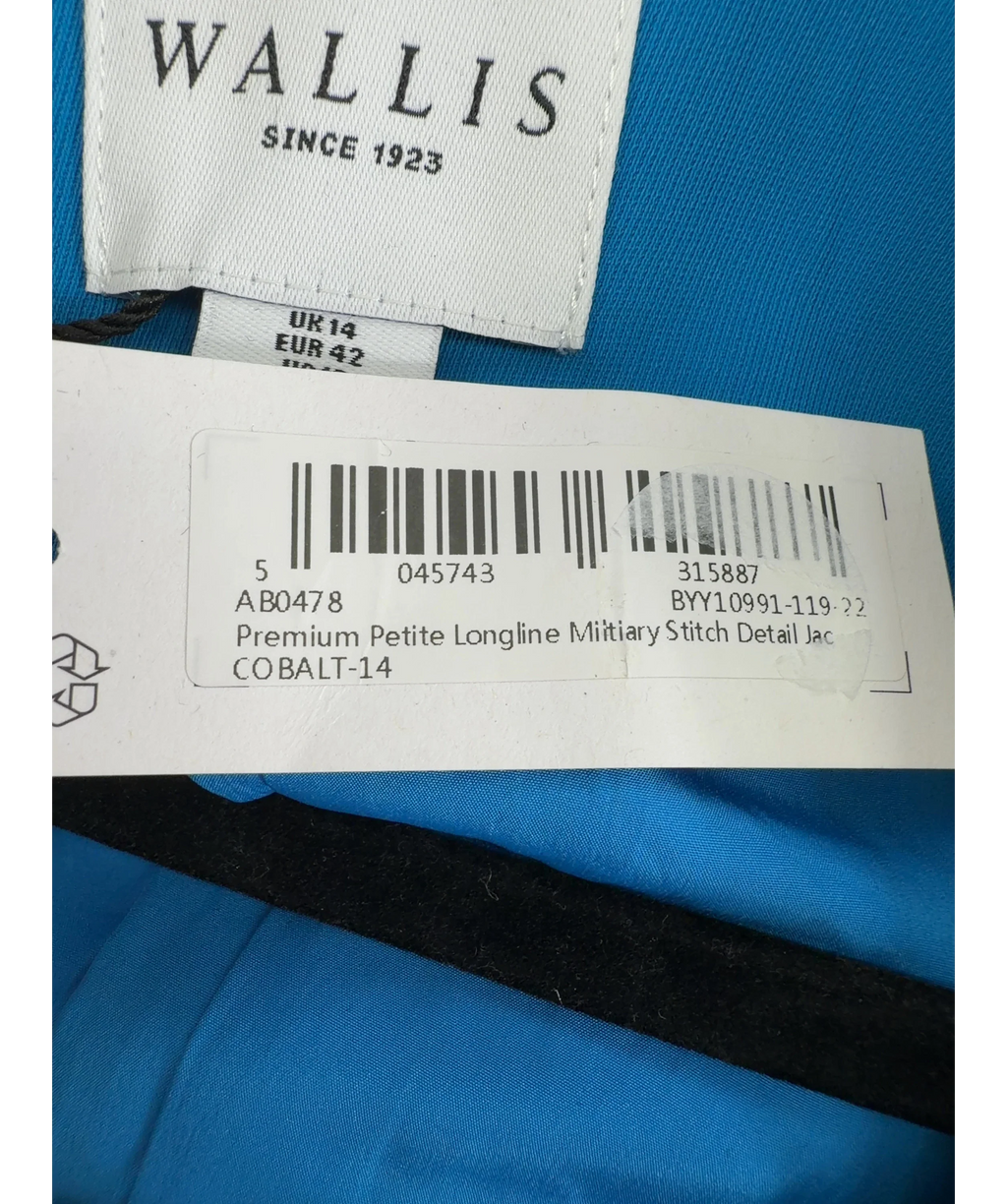 Wallis Blue Premium Petite Longline Military Stitch Detail Jacket, size UK 14 — care label