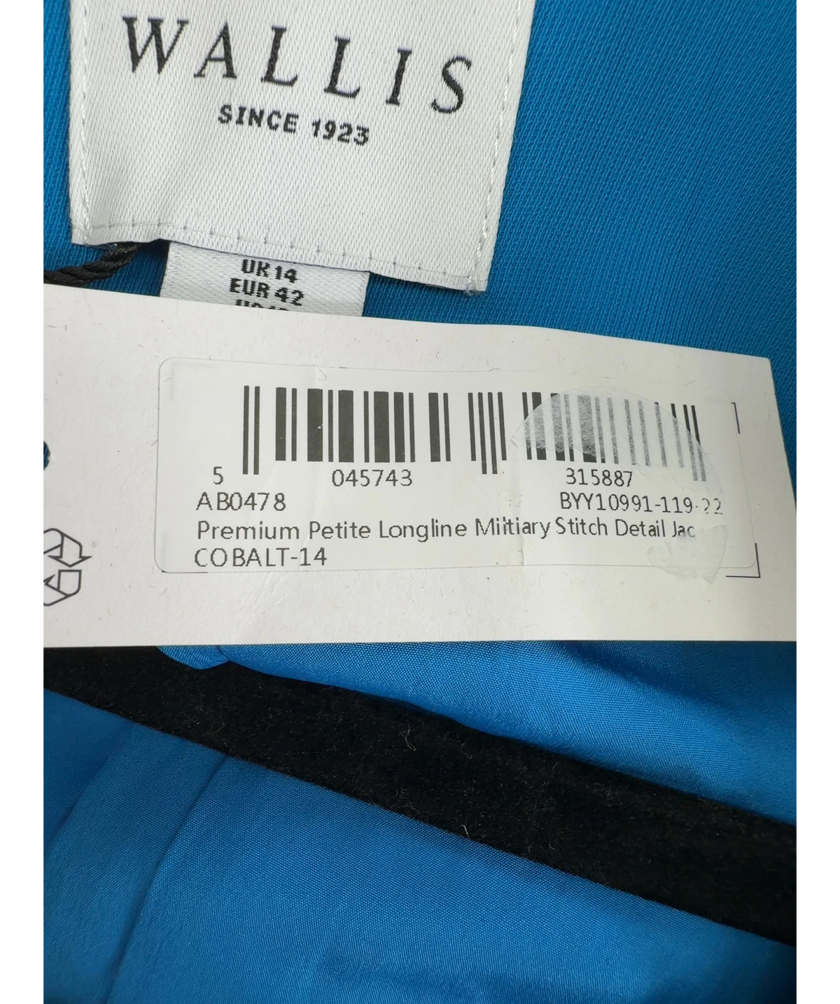 Wallis Blue Premium Petite Longline Military Stitch Detail Jacket, size UK 14 — care label