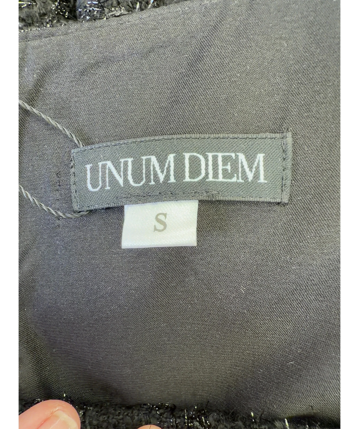 UNUM DIEM Black glittery jacquard mini dress, size UK S — detail