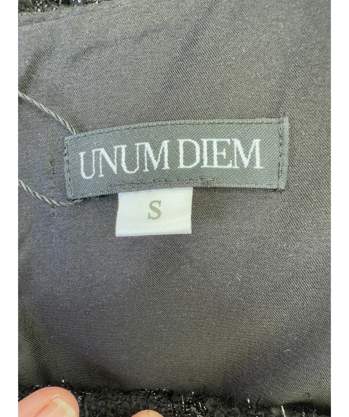 UNUM DIEM Black glittery jacquard mini dress, size UK S — care label