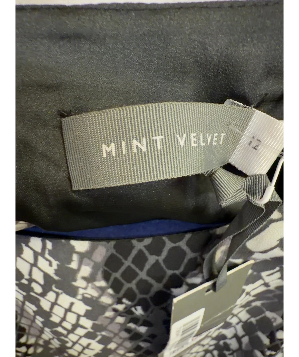 Mint Velvet Grey Lucy Print Fluted Midi Dress, size UK 12 — detail