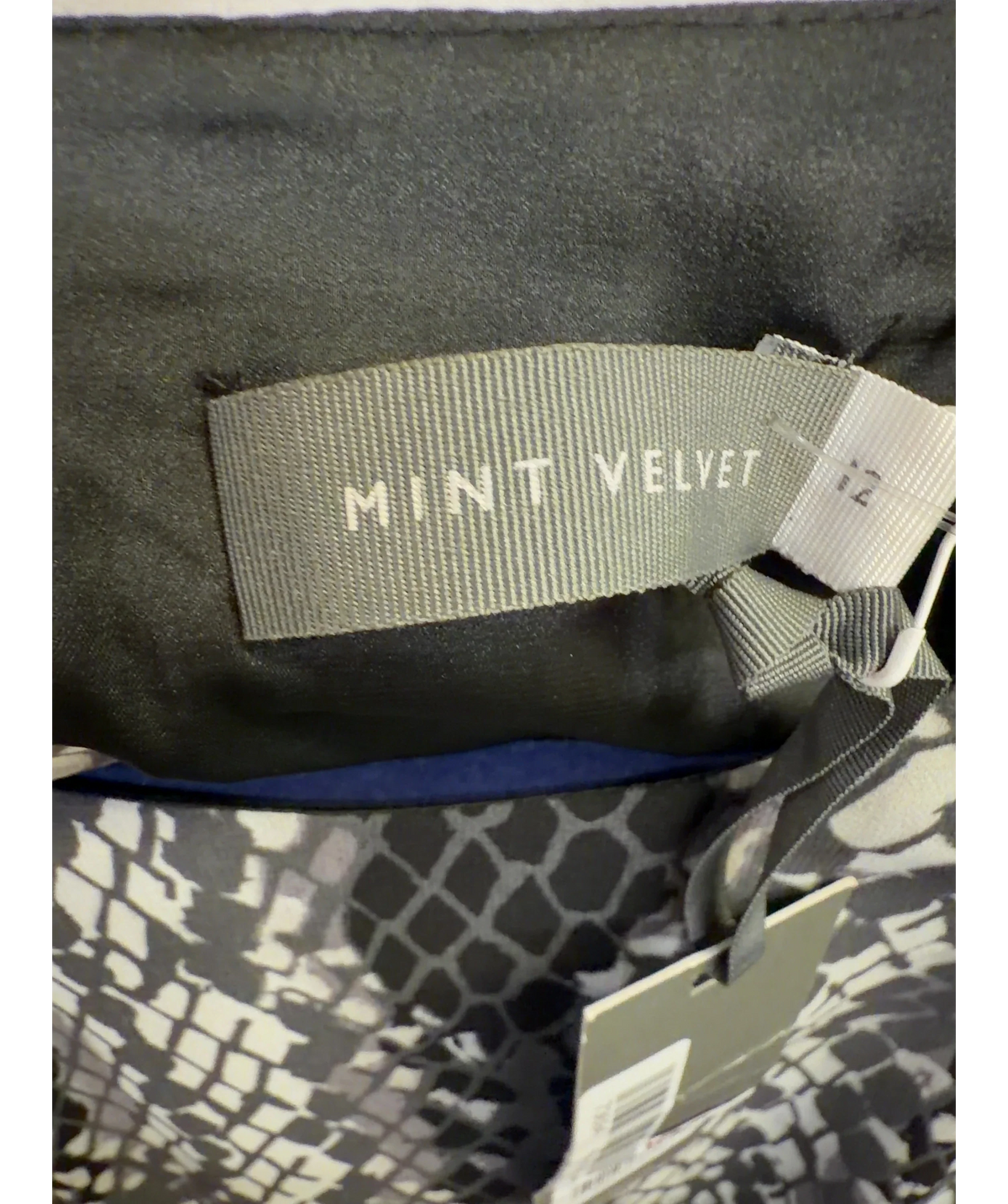 Mint Velvet Grey Lucy Print Fluted Midi Dress, size UK 12 — detail