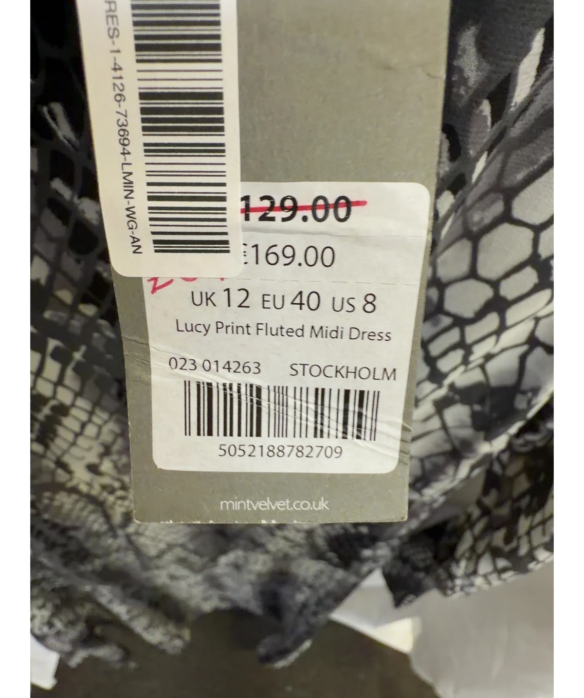 Mint Velvet Grey Lucy Print Fluted Midi Dress, size UK 12 — label