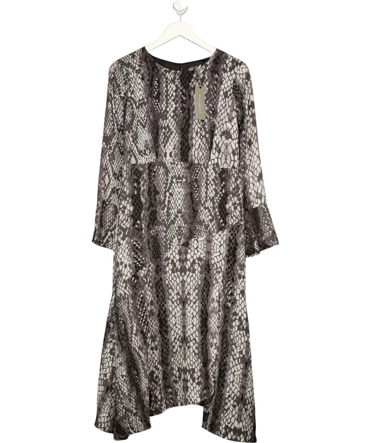 Mint Velvet Grey Lucy Print Fluted Midi Dress, size UK 12 — front