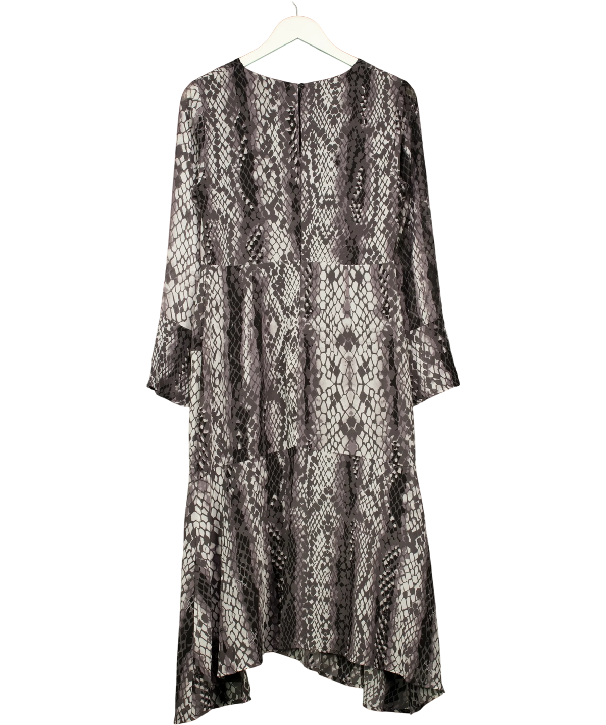 Mint Velvet Grey Lucy Print Fluted Midi Dress, size UK 12 — back