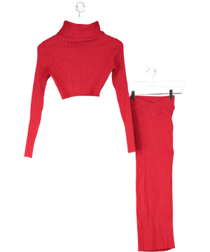 Oh Polly Red Ribbed Knit Top And Midi Skirt Set UK XS