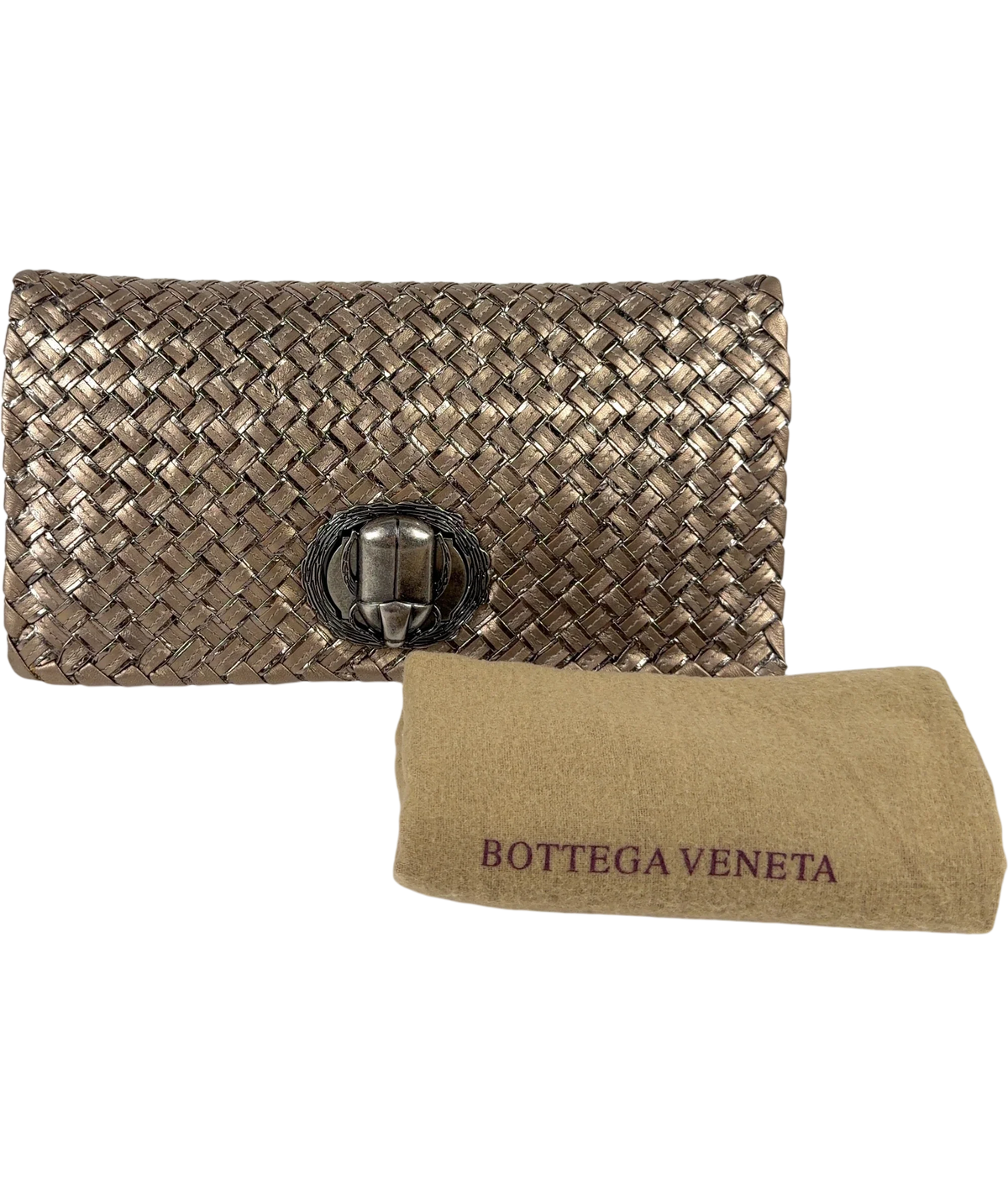 BOTTEGA VENETA bronze Woven Scarab Beetle Clutch — front
