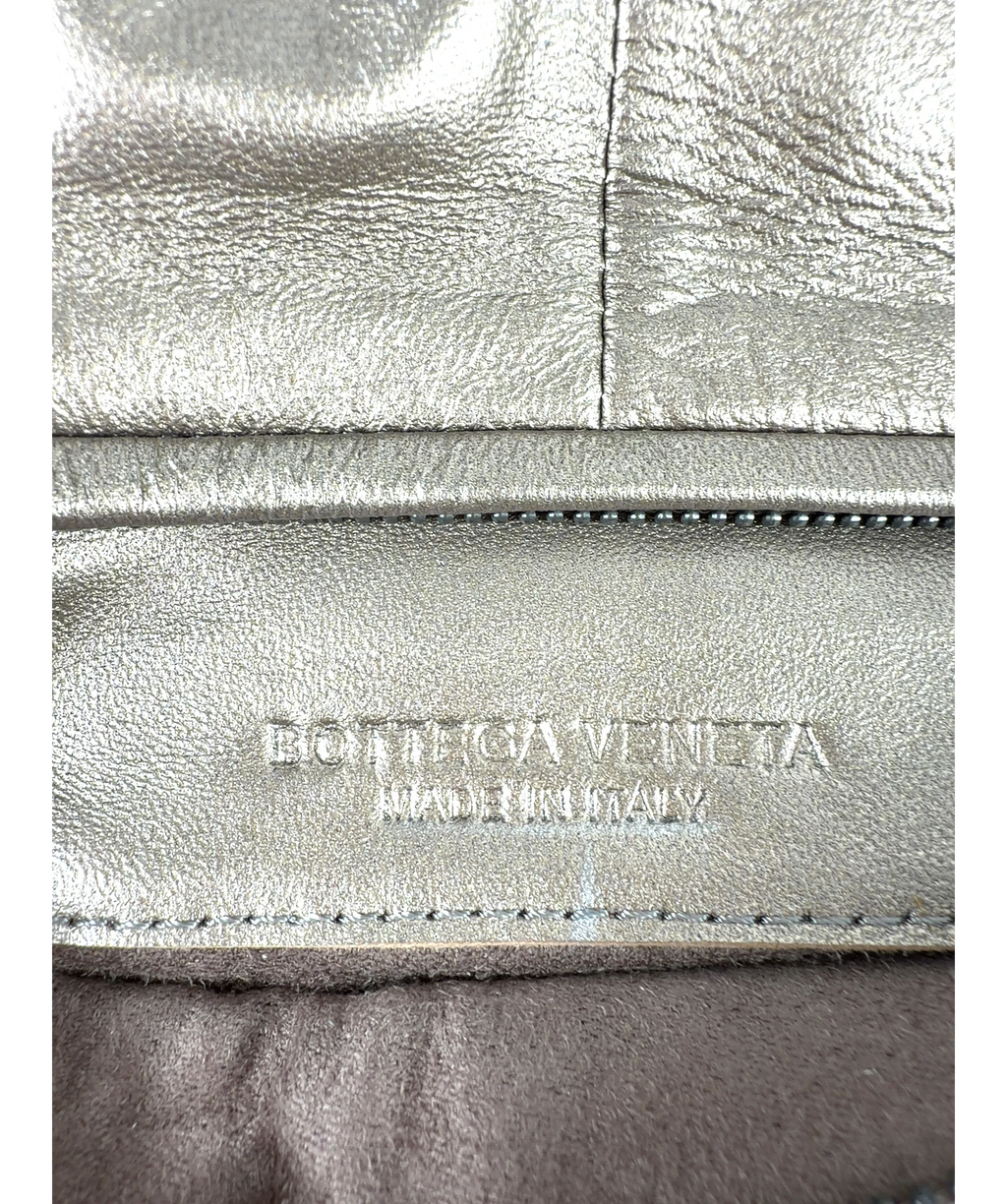 BOTTEGA VENETA bronze Woven Scarab Beetle Clutch — label
