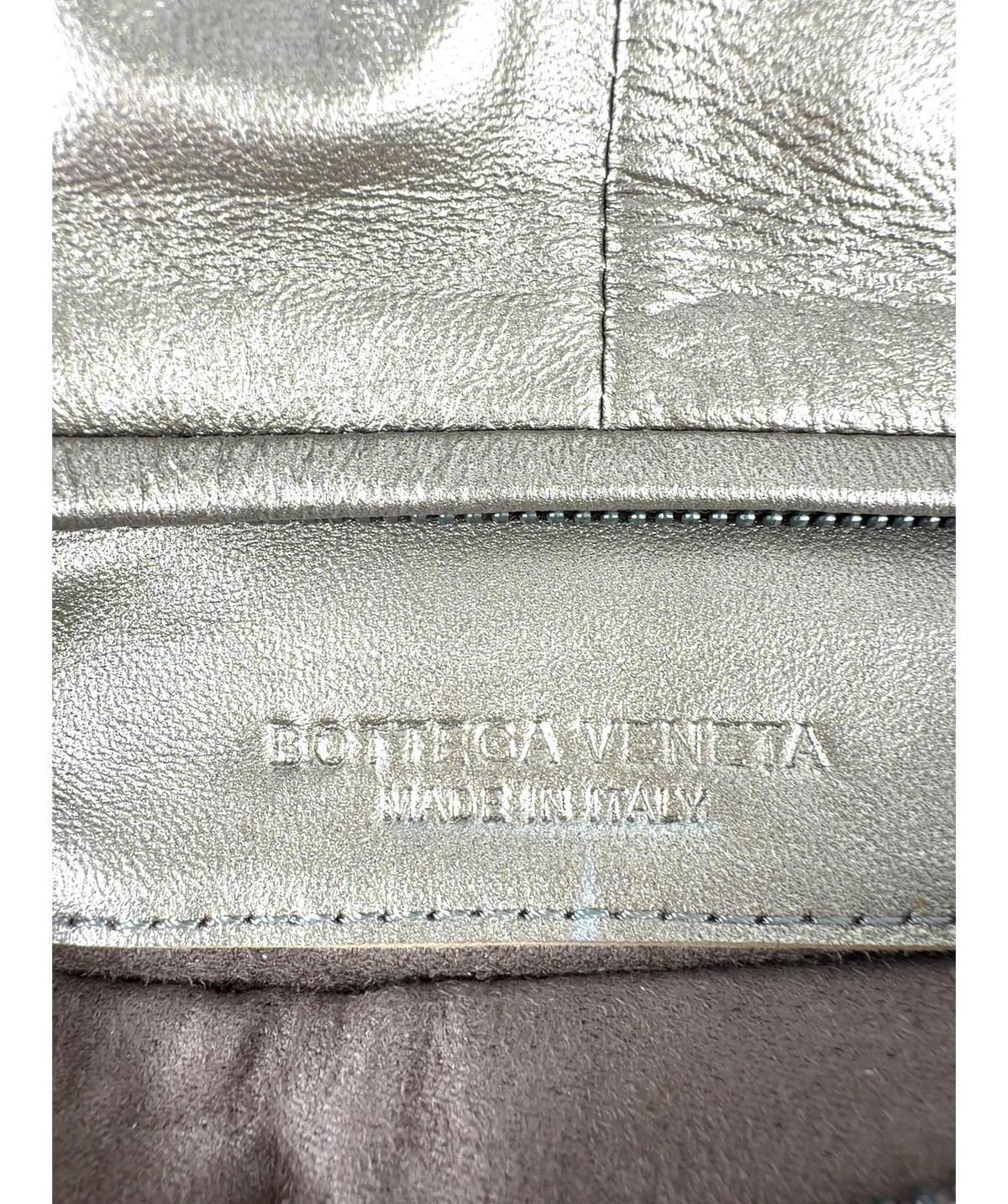 BOTTEGA VENETA bronze Woven Scarab Beetle Clutch — label