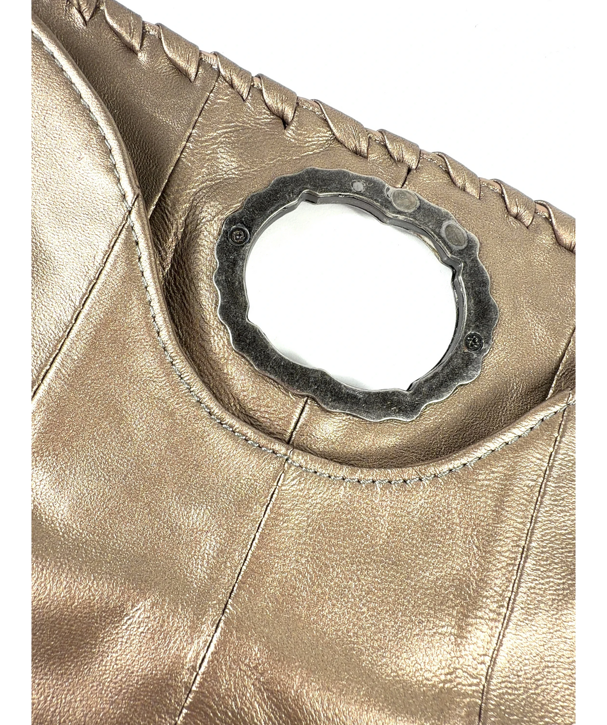 BOTTEGA VENETA bronze Woven Scarab Beetle Clutch — care label