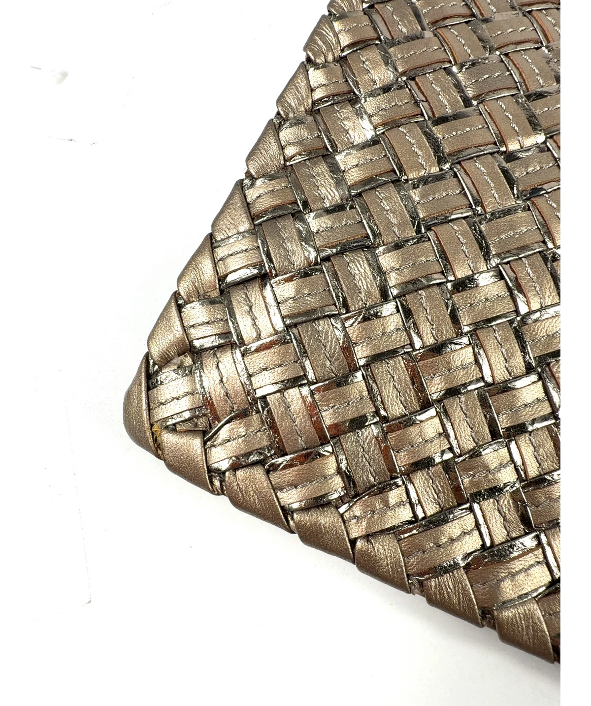 BOTTEGA VENETA bronze Woven Scarab Beetle Clutch — fabric detail