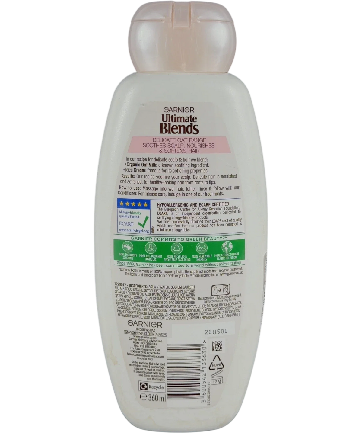 Garnier Ultimate Blends Delicate Oat Soothing Shampoo, size 360ml — back