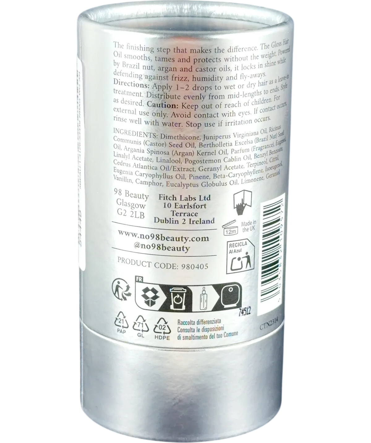 98 Beauty THE // GLOSS miracle oil, size 30ml — back