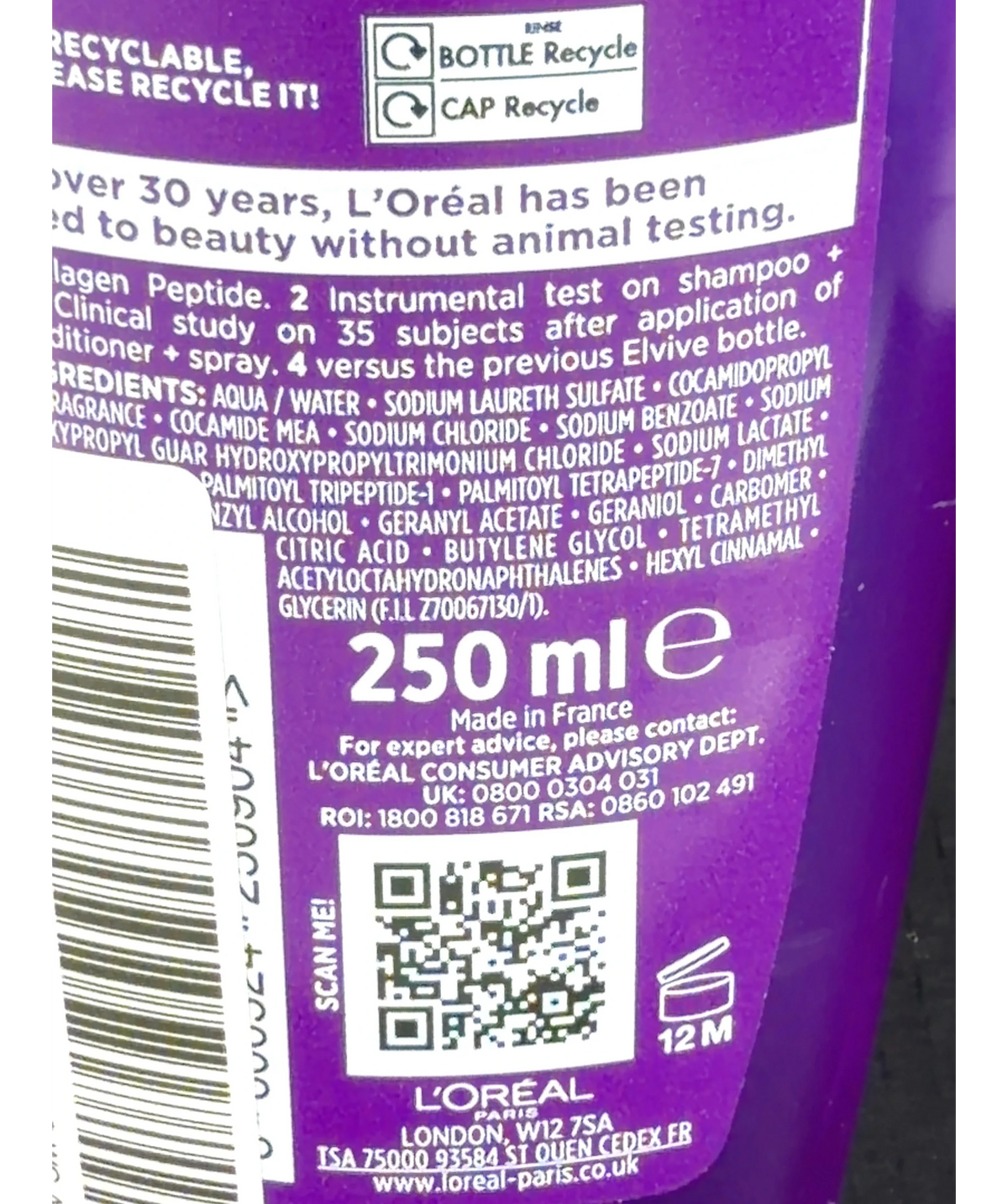 L'Oréal Collagen + Lifter, size 250ml — care label