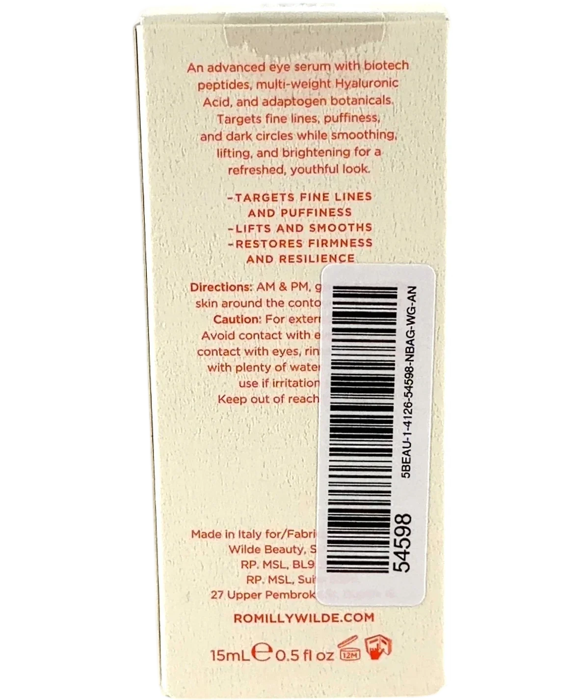 Romilly Wilde SCULPTING EYE SERUM, size 15ml — back