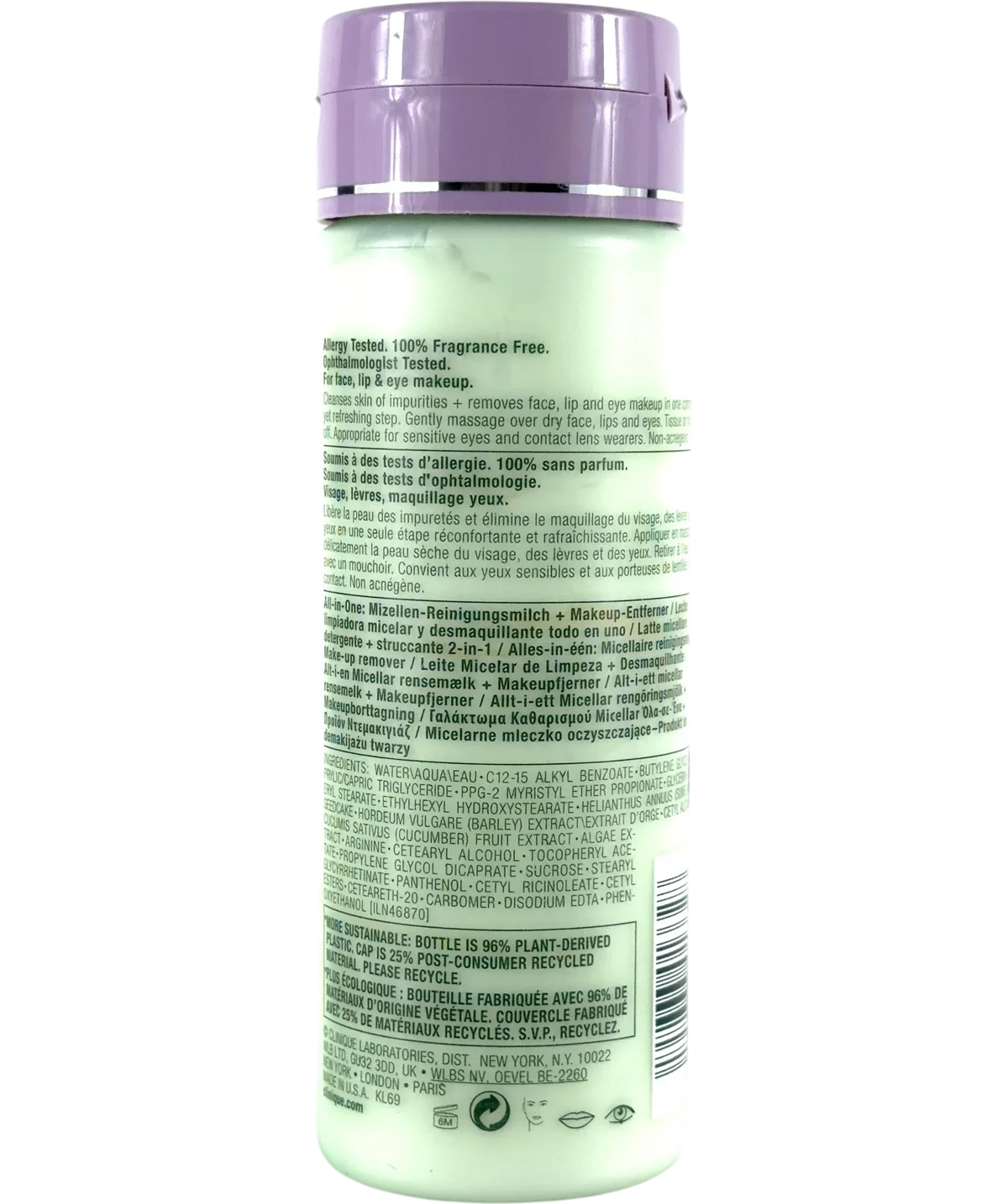Clinique All About Clean All-In-One Cleansing Micellar Milk + Makeup Remover, size 200ml — back