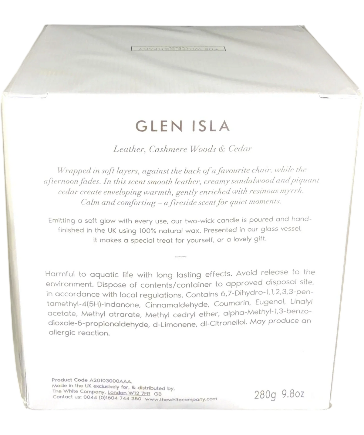 The White Company Glen Isla Luxury 2 Wick Candle, size 280g — back