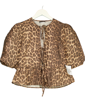 ASOS Leopard Puff Sleeve Cotton Poplin Peplum Tie-Front Blouse Brown UK XS