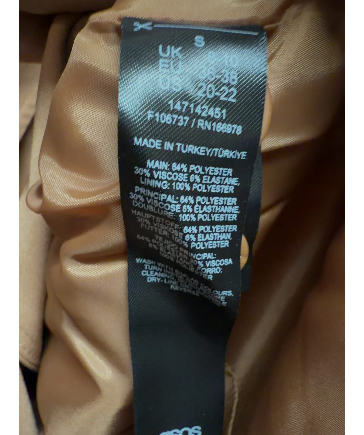 ASOS camel tailored single-breasted/three-button blazer, size UK 6-8 — label