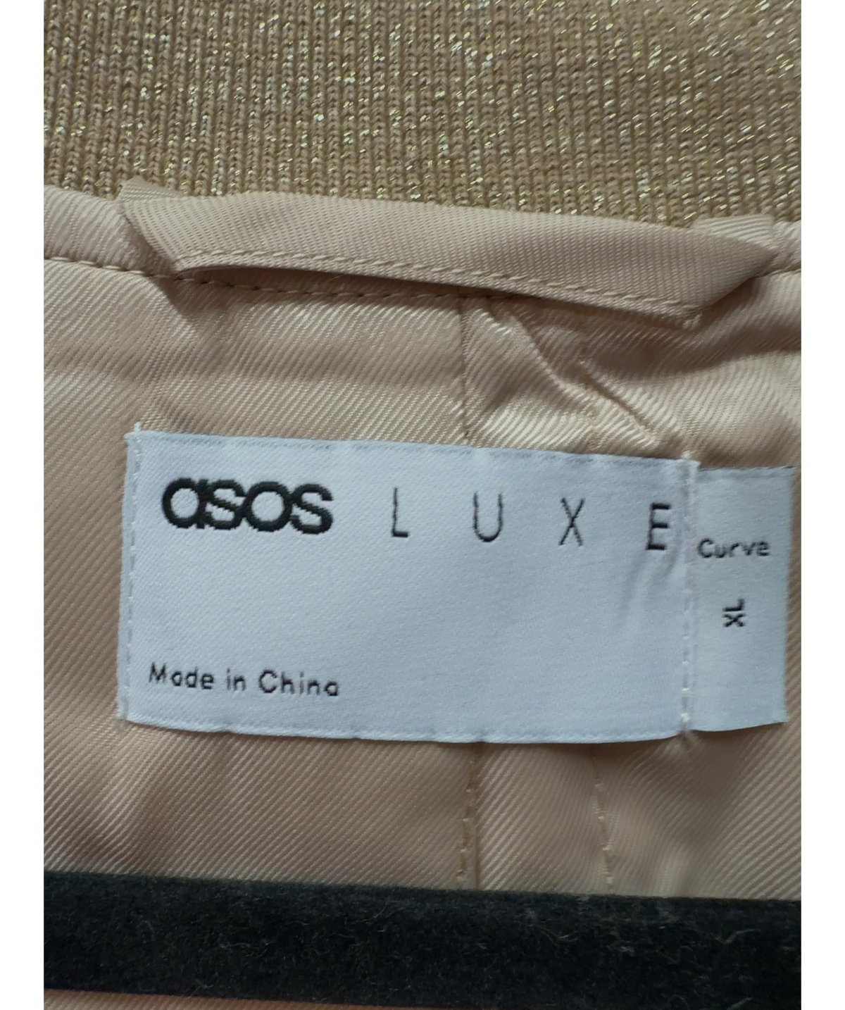 ASOS gold embellished bouclé/textured bomber jacket, size UK 20 — detail