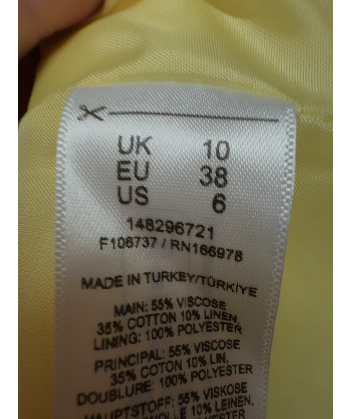 ASOS Yellow collarless blazer, size UK 10 — care label