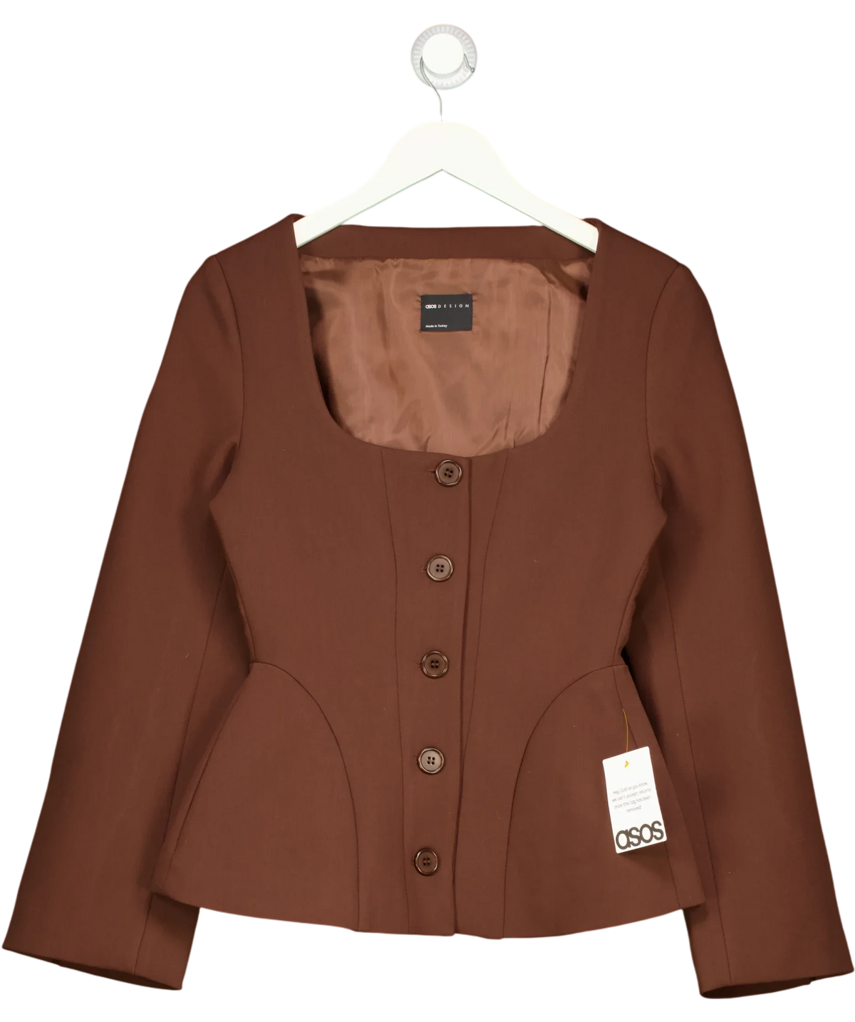 ASOS Brown square neck peplum jacket, size UK 8 — front