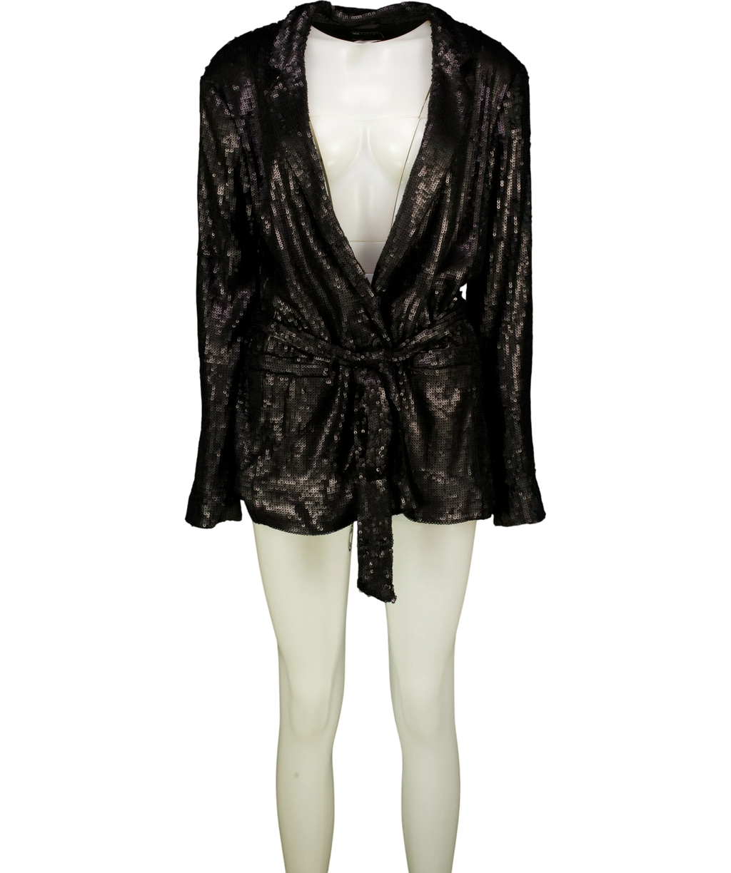ASOS Black DESIGN sequin tie waist blazer, size UK 8 — front
