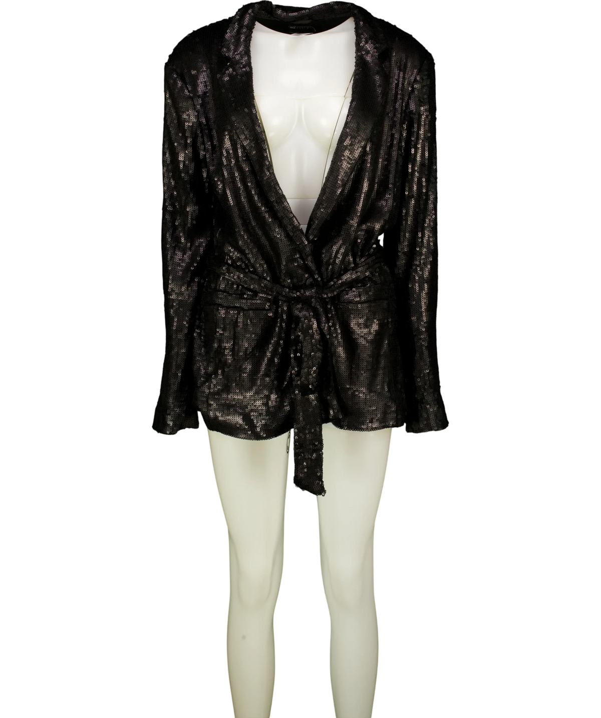ASOS Black DESIGN sequin tie waist blazer, size UK 8 — front