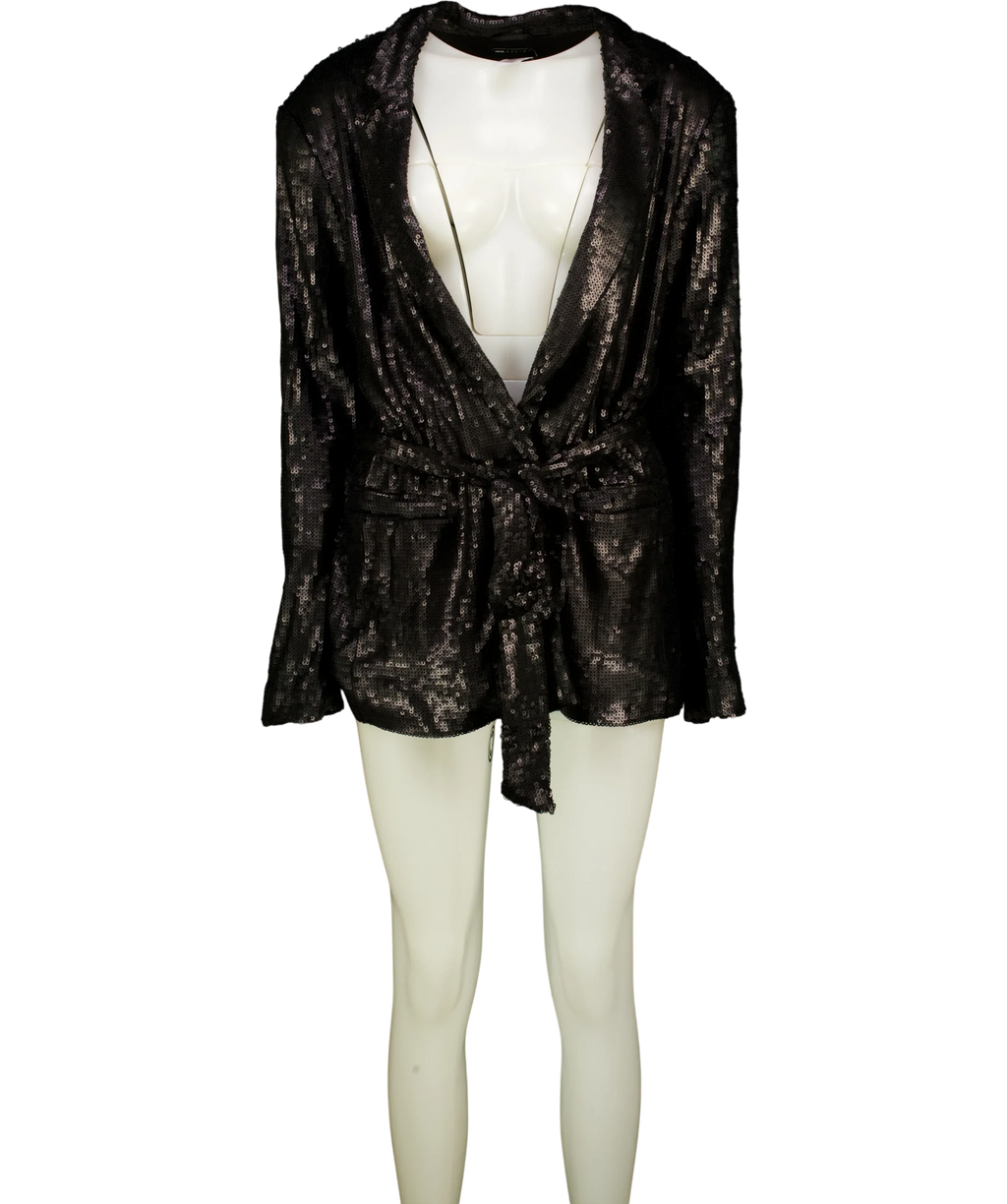 ASOS Black sequin tie waist blazer, size UK L — front