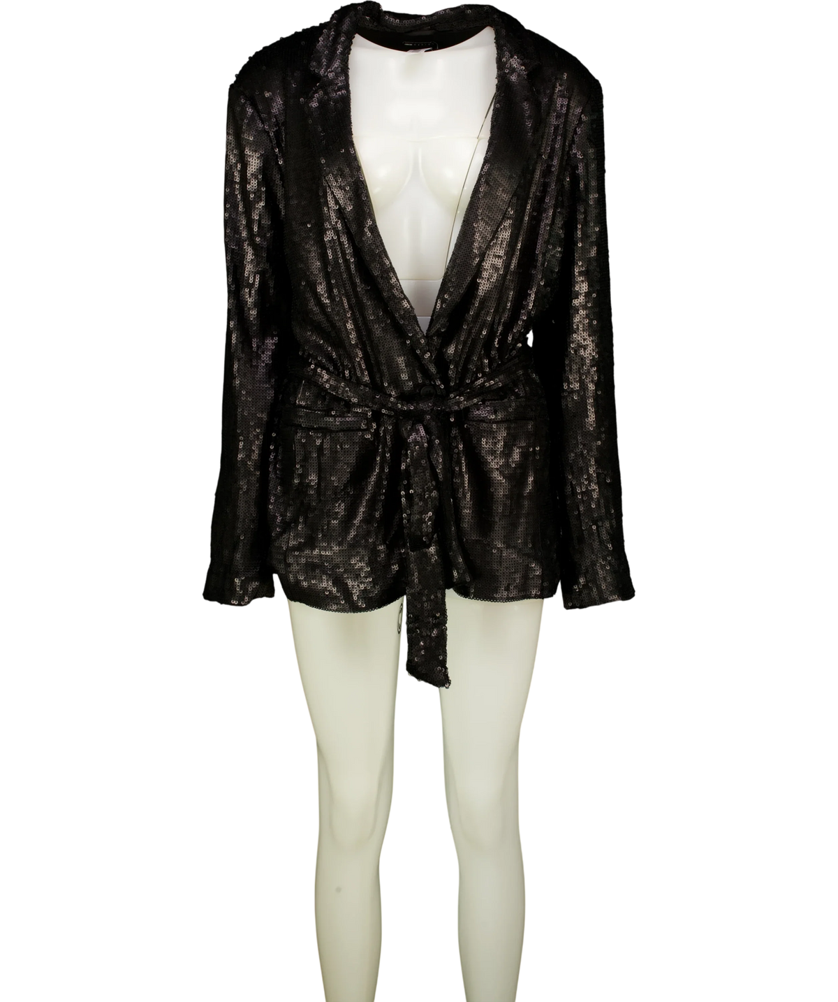 ASOS Black Sequin Tie Waist Blazer, size UK 20 — front