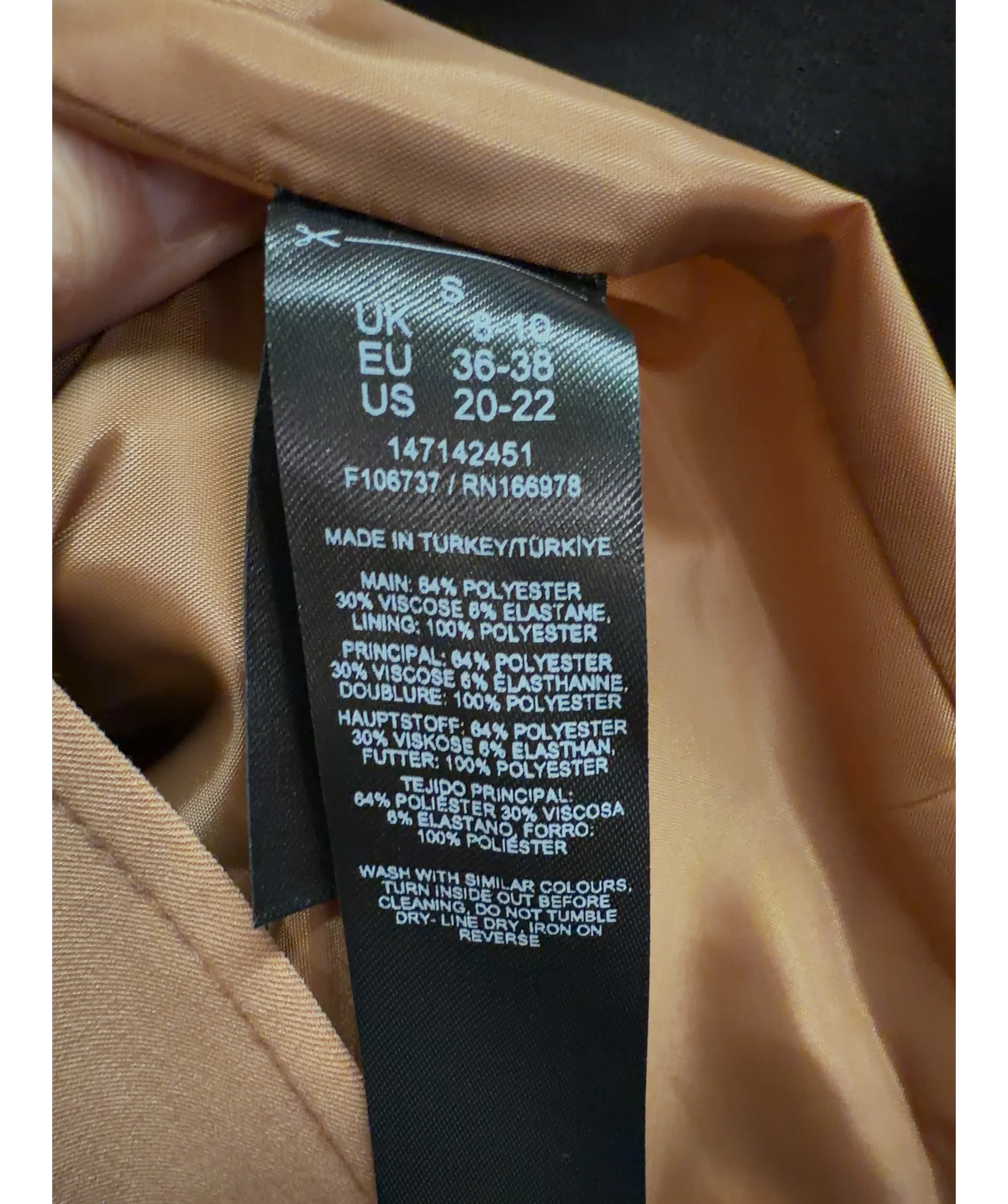 ASOS camel tailored camel blazer, size UK S — care label