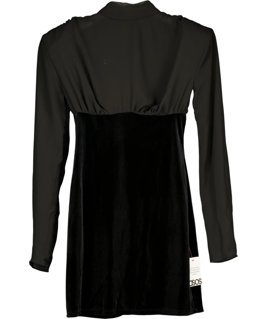 TOPSHOP Black long-sleeve velvet and chiffon mix mini dress, size UK 10 — front
