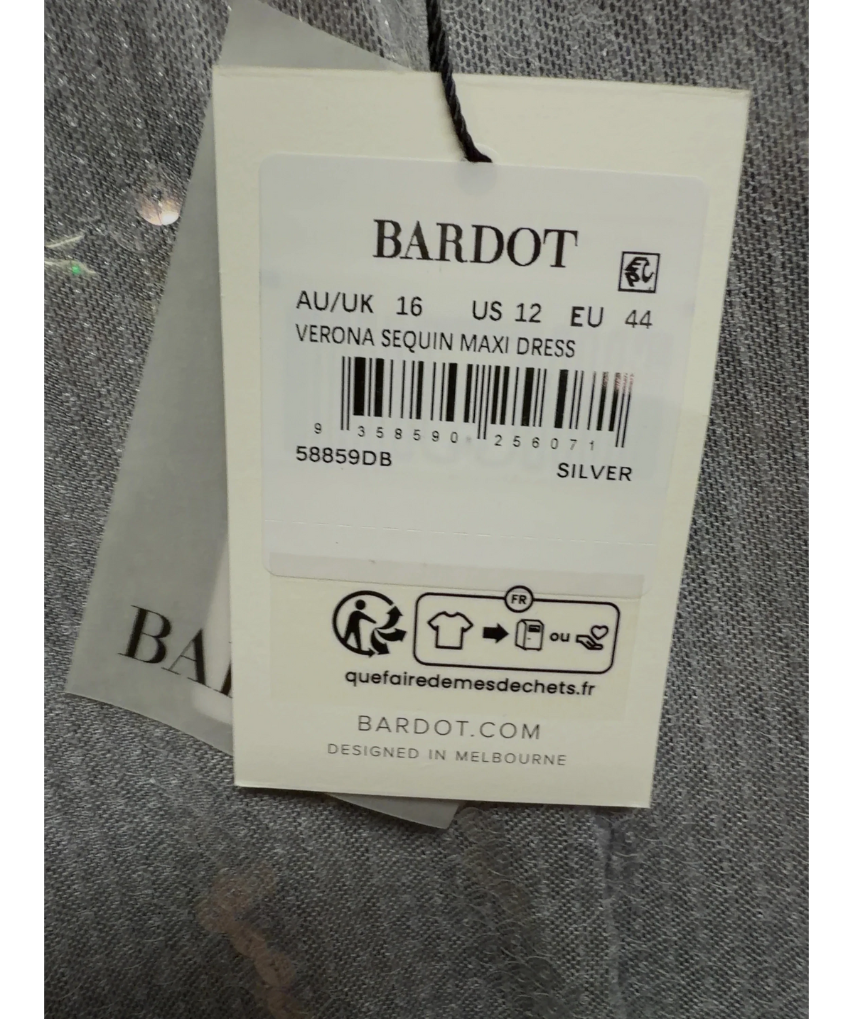 Bardot silver Verona Sequin Maxi/Midi Dress, size UK 16 — label