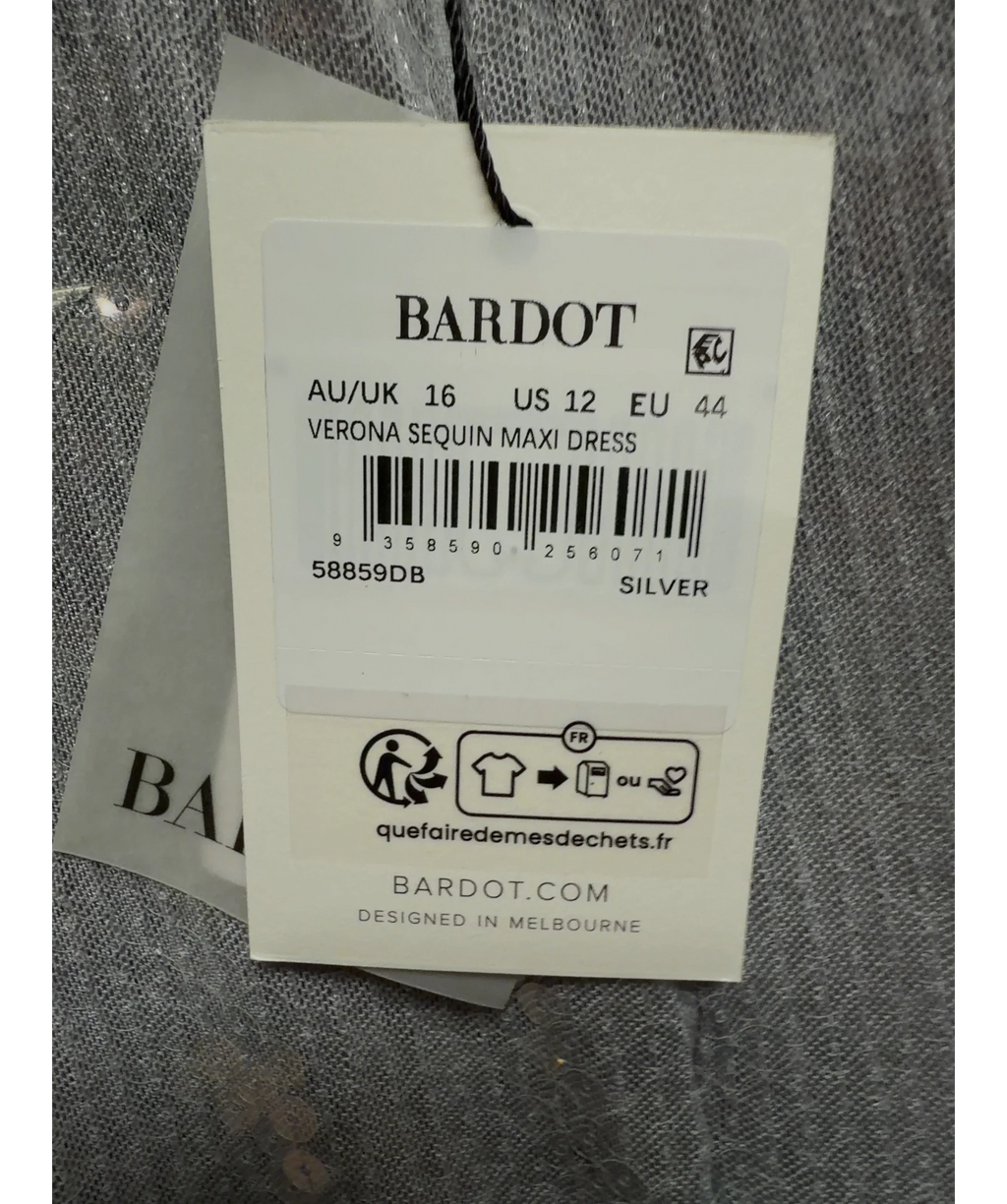 Bardot silver Verona Sequin Maxi/Midi Dress, size UK 16 — care label