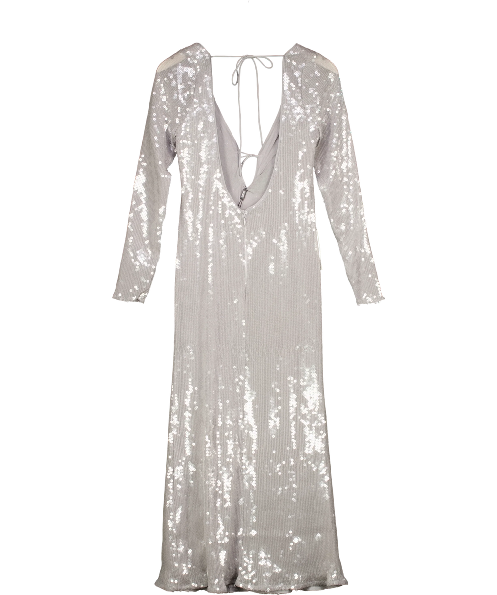 Bardot silver Verona Sequin Maxi/Midi Dress, size UK 16 — back