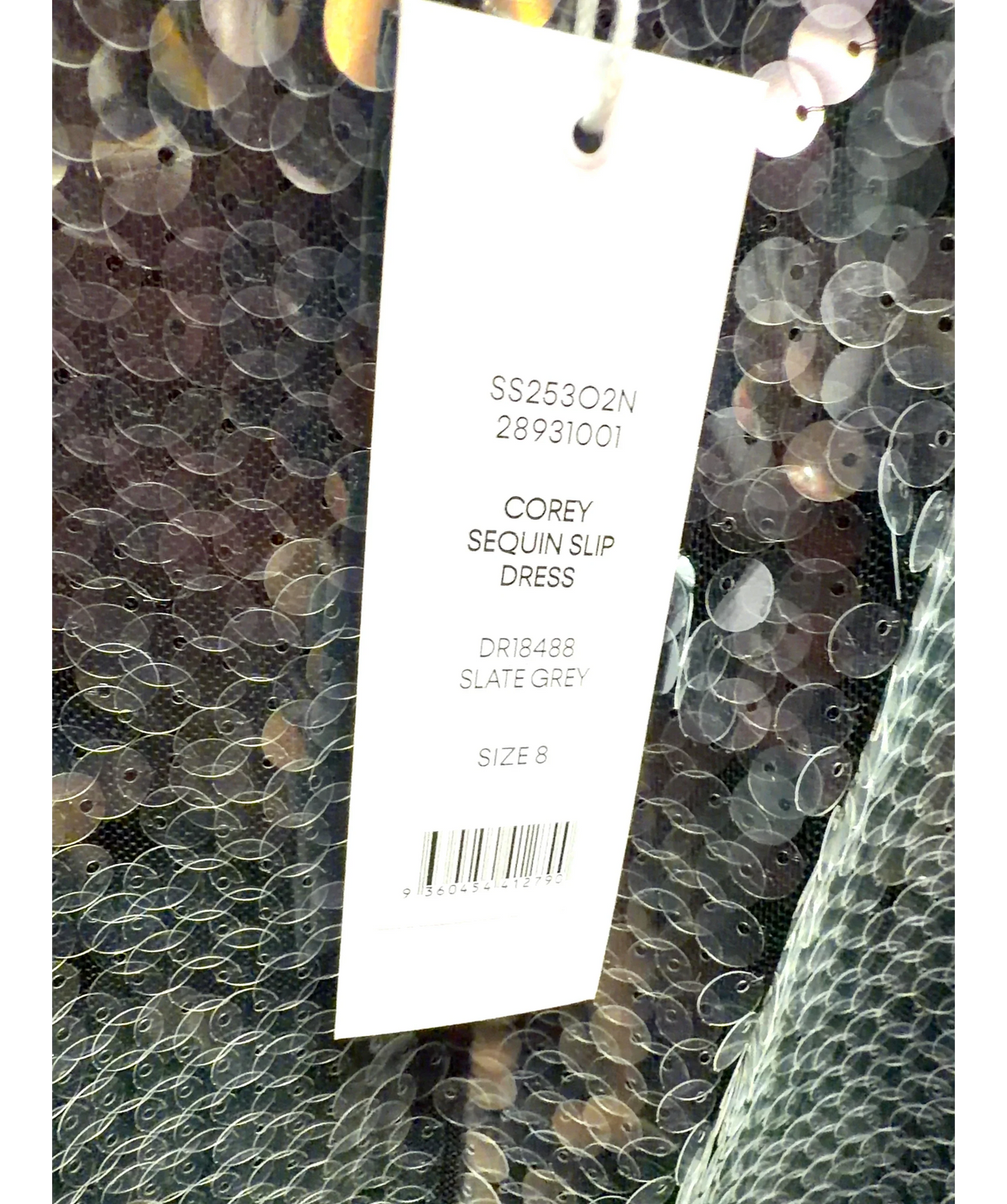 FOREVER NEW silver Corey Sequin Slip Dress, size UK 8 — label