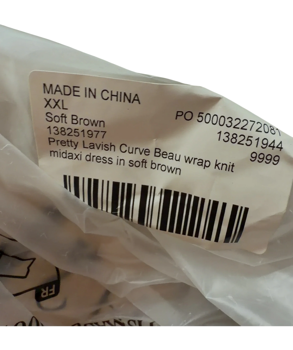 PRETTY LAVISH Beige Beau wrap knit midaxi dress, size UK XXL — fabric detail