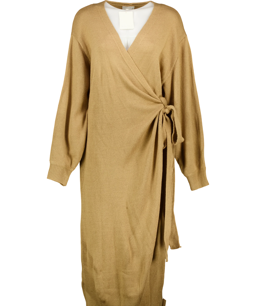 PRETTY LAVISH Beige Beau wrap knit midaxi dress, size UK XXL — front