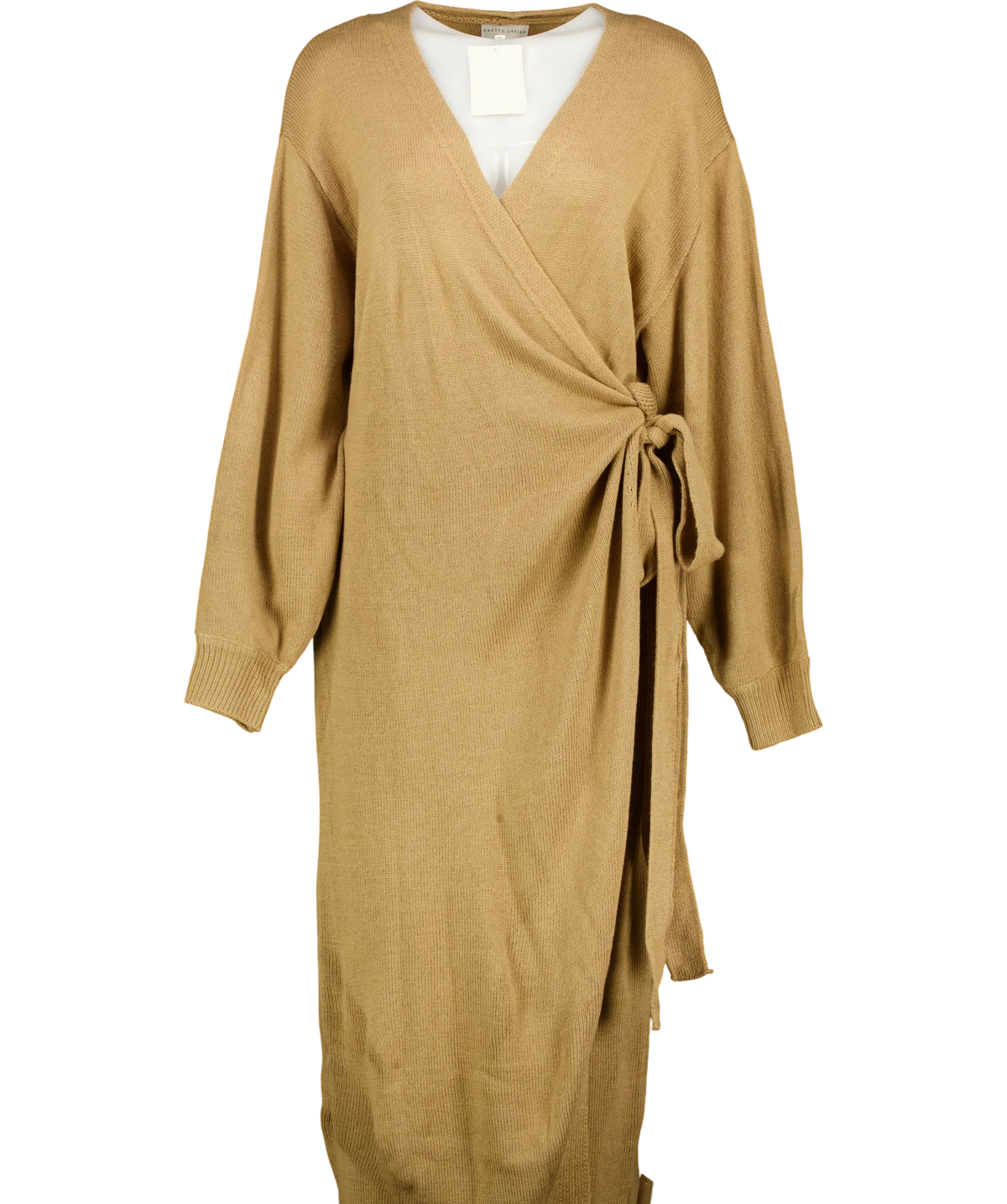 PRETTY LAVISH Beige Beau wrap knit midaxi dress, size UK XXL — front
