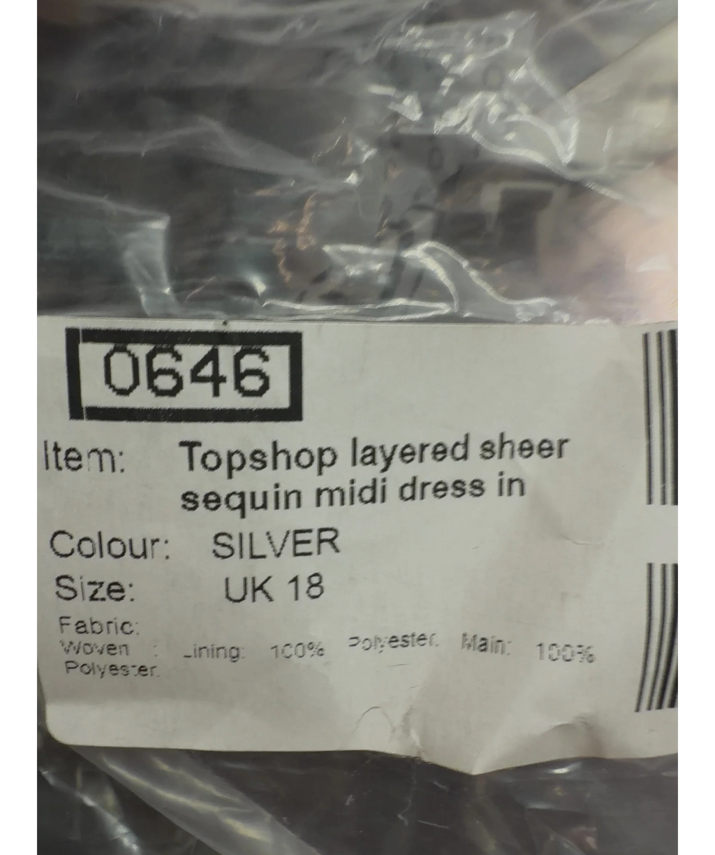 TOPSHOP Metallic layered sheer sequin midi dress, size UK 18 — label