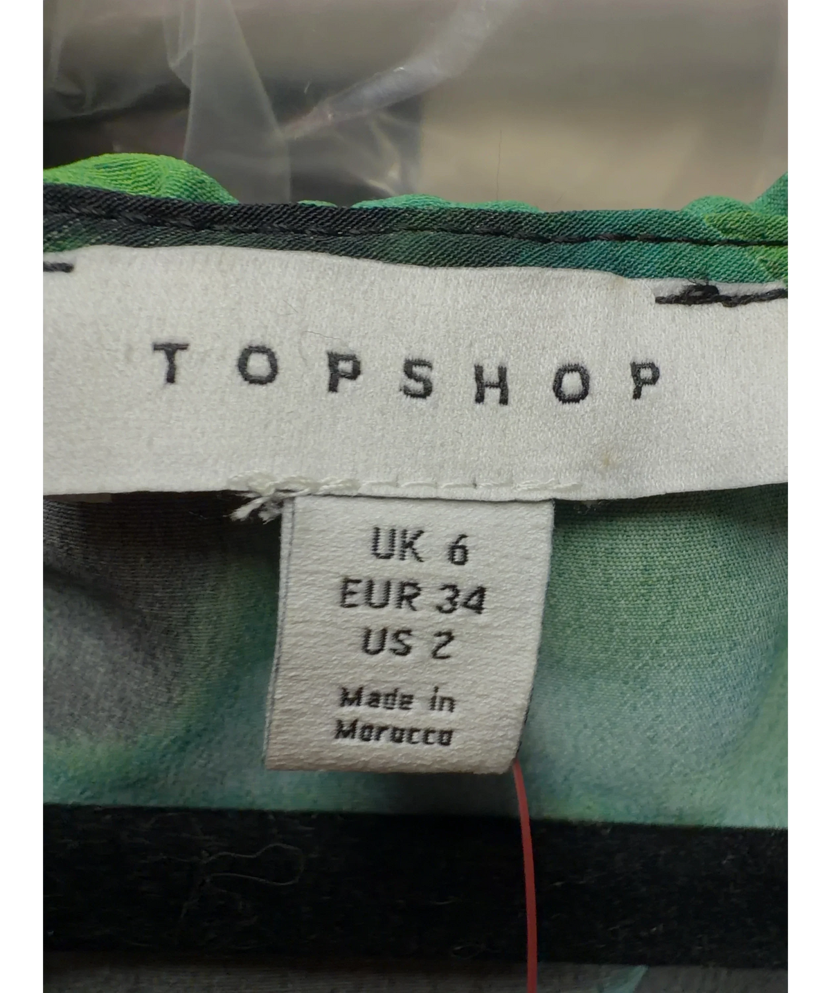 TOPSHOP Green abstract print ruffle neck mini dress, size UK 6 — detail
