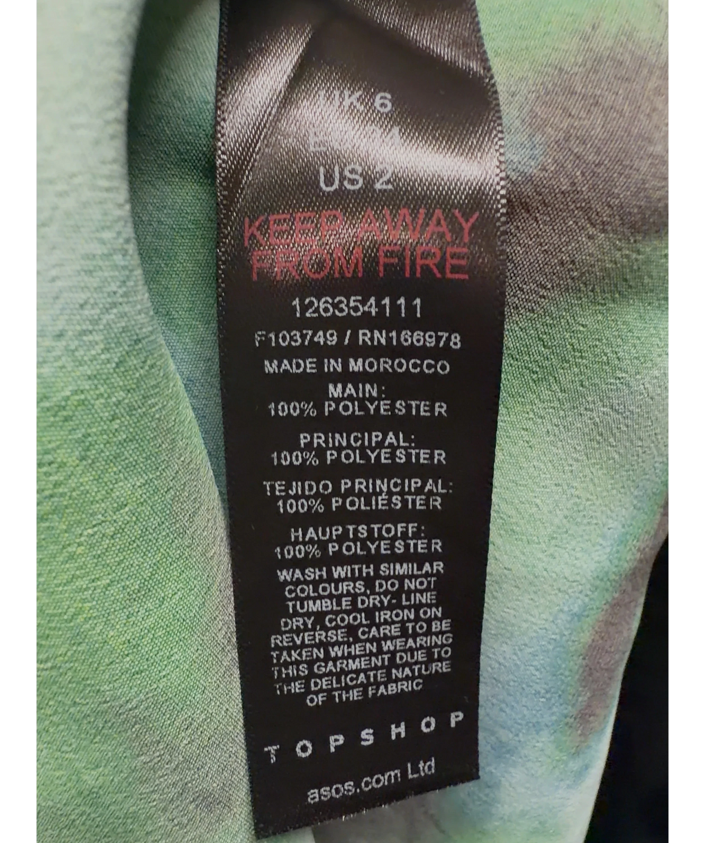 TOPSHOP Green abstract print ruffle neck mini dress, size UK 6 — label