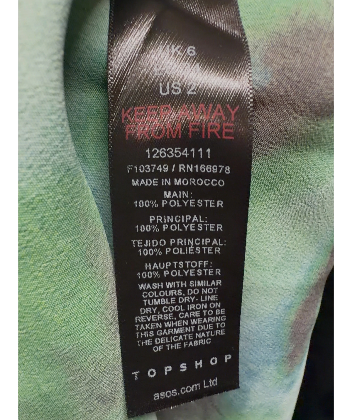 TOPSHOP Green abstract print ruffle neck mini dress, size UK 6 — label