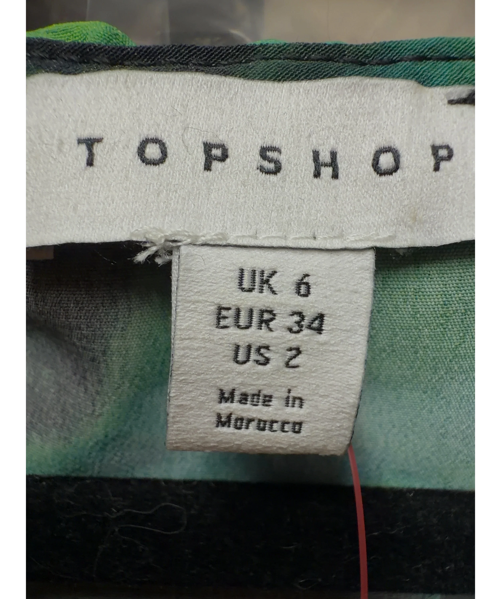 TOPSHOP Green abstract print ruffle neck mini dress, size UK 6 — care label