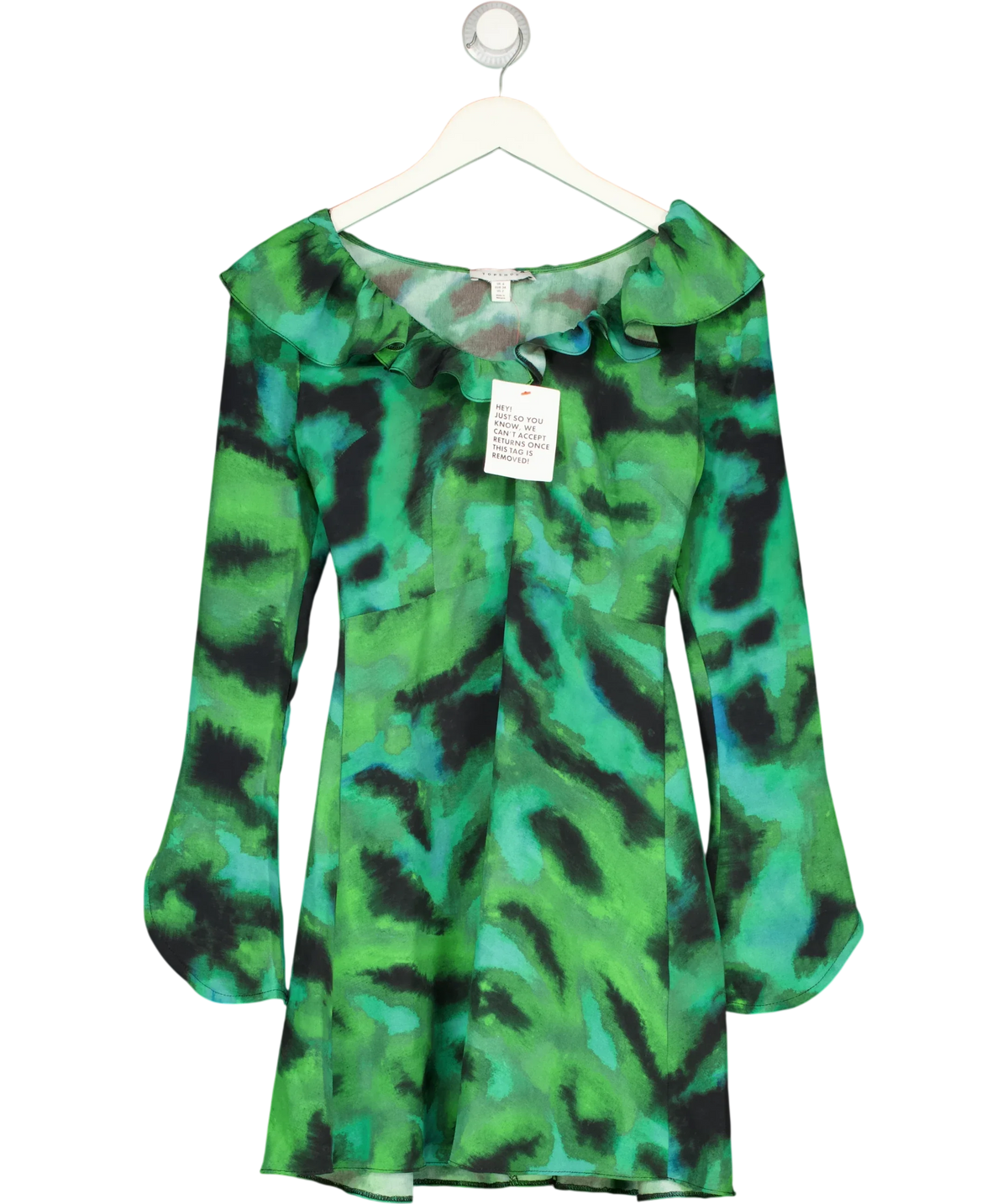 TOPSHOP Green abstract print ruffle neck mini dress, size UK 6 — front