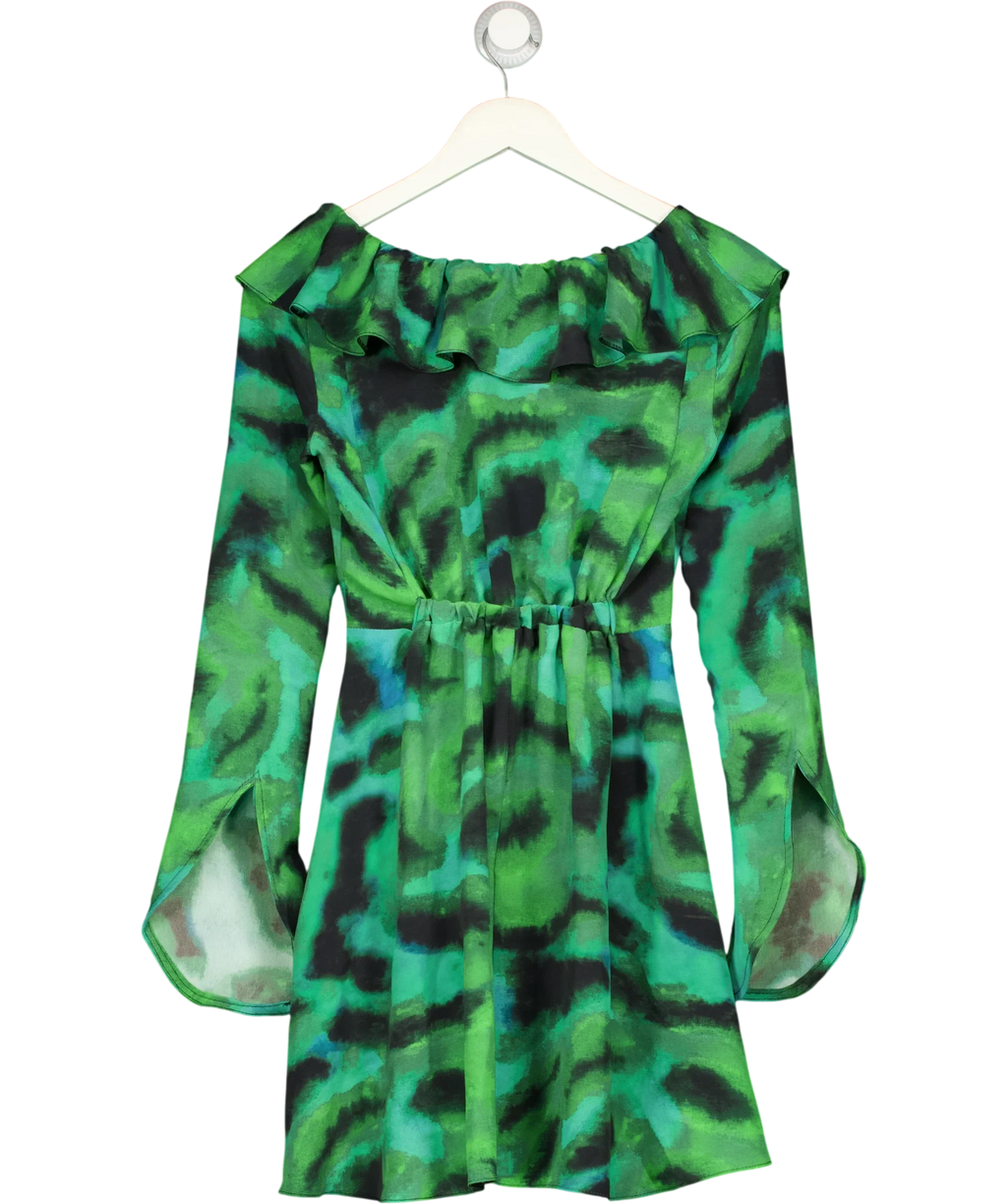 TOPSHOP Green abstract print ruffle neck mini dress, size UK 6 — back